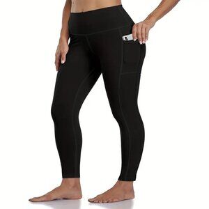 Women's High-Waist Yoga & Running Leggings w/Pockets Stretchy Black L-XL